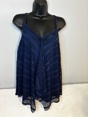 Beach House Navy Crochet Lace Tank Spaghetti Straps Tankini swimsuit top Size 16